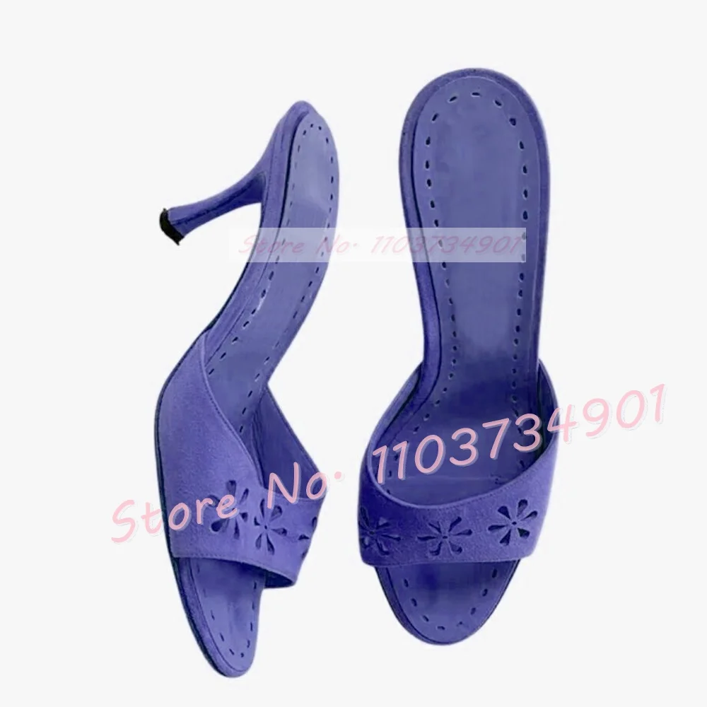 Buff Flower Shape Eyelet Suede Heeled Mules Women Stylish Solid Shallow Casual Slippers Female Elegant Hollow Stiletto Shoes