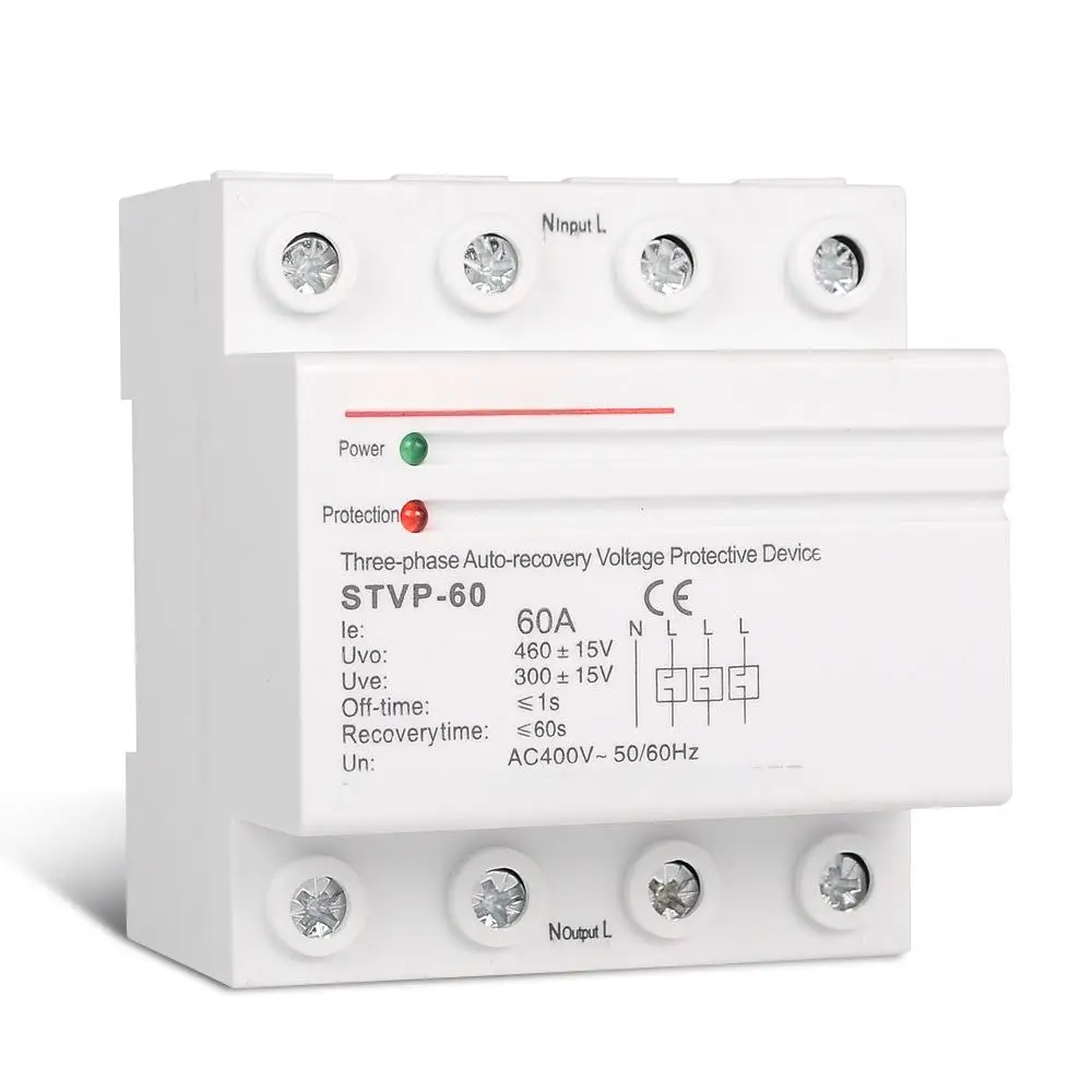 

STVP-60 Three Phase 4 Wires 380V 60A DIN Rail Automatic Recovery over under Voltage Protector Voltage Relay Protection Device