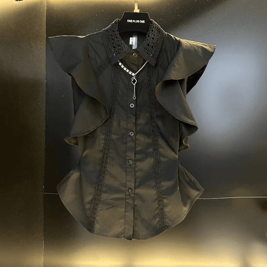 Camisa con volantes empalmados de encaje sensual en verano, nuevo estilo de moda, Top ajustado versátil que abraza la cintura