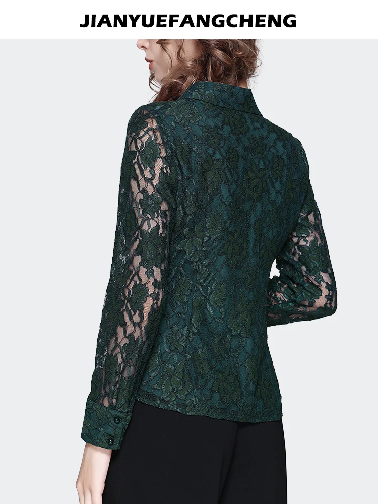 Long Sleeve Green Lace Top Women 2023 Autumn New Elegant Slim Suit Collar Hollow Out Floral Shirts Vintage Casual Blouses