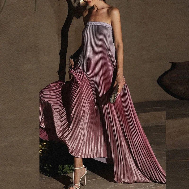 

Elegant Sleeveless Off Shoulder Gradient Long Dress Women's Fashion Backless Folds Gala Gowns New Female Irregular Evening Dress