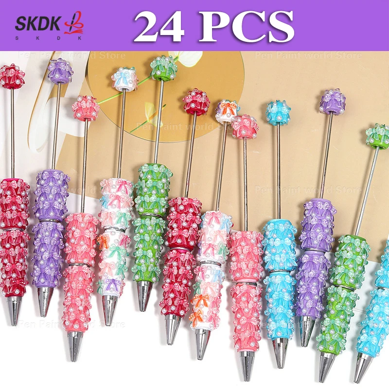 24Pcs DIY Bead Pen Ballpoint Pen – Pearl-Studded Cute Bead Pen with Bow Accent, Great for Gifts, Planners, Craft Sets