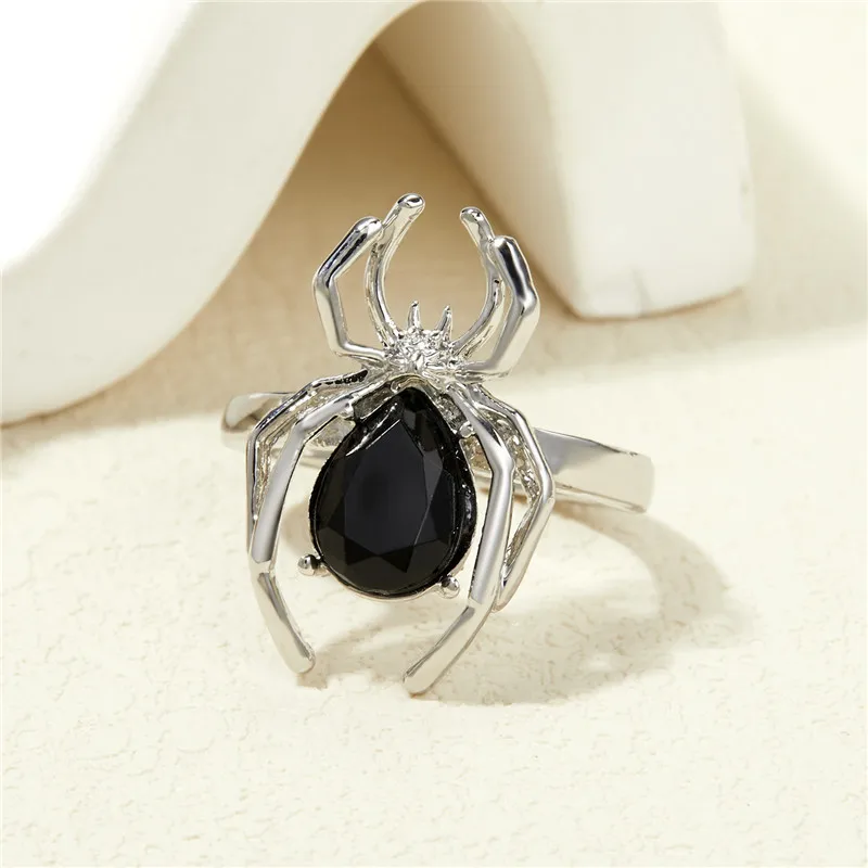Gothic Punk Unregelmäßige Spinne Öffnung Ring Frauen Männer Mode Zirkon Schwarz Kristall Dark Tier Ring Hip Hop Party Finger Schmuck – Detail 4