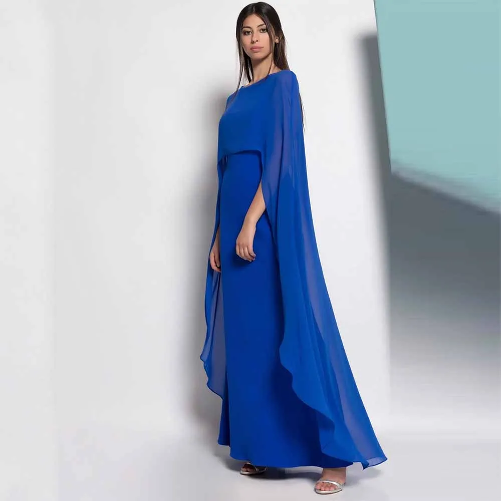 Elegant Groom's Mother Dresses 2025 Jersey Sheath/Column Guest Wedding Party Dresses Royal Blue O-Neck Cape Ruffles Prom Dresses