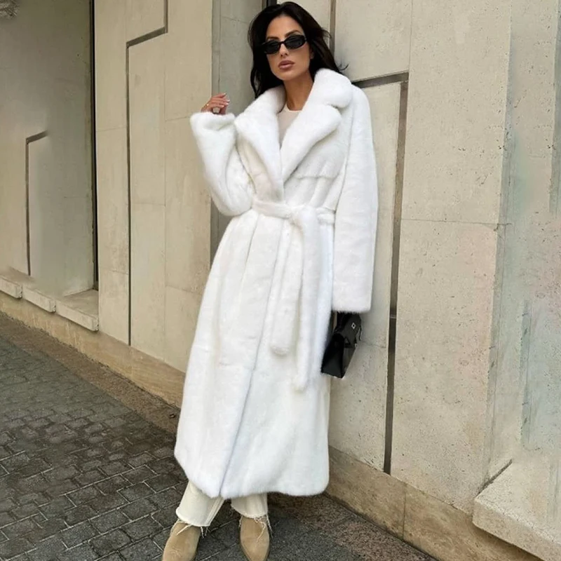 TARUXY Fashion Belted Faux Mink Fur Coat Women's Autumn Winter solid Furry Fur Long Jacket Luxury Warm Outerwear Overcoat Female