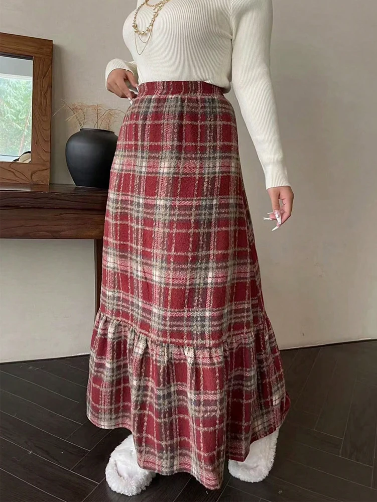 تنورة تنحيف على شكل حرف A عالية الخصر منقوشة باللون الأحمر مقاس كبير لملابس السنة الجديدة، لملابس نسائية شتوية ماكسي تويد #5
