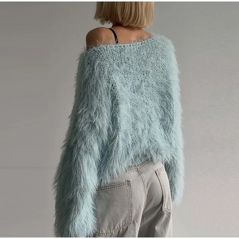 Damen-Strickpullover mit O-Ausschnitt, Langarm, Kurz geschnitten, Herbst, Rundhals, Flauschig, Einfarbig, Locker geschnitten, Neues Oberteil – Detail 5