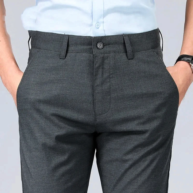 Linen Men's Casual Pants Summer Thin Solid Color Suit Pants Business Straight Loose Button Zipper High Waisted Wide Leg Trousers