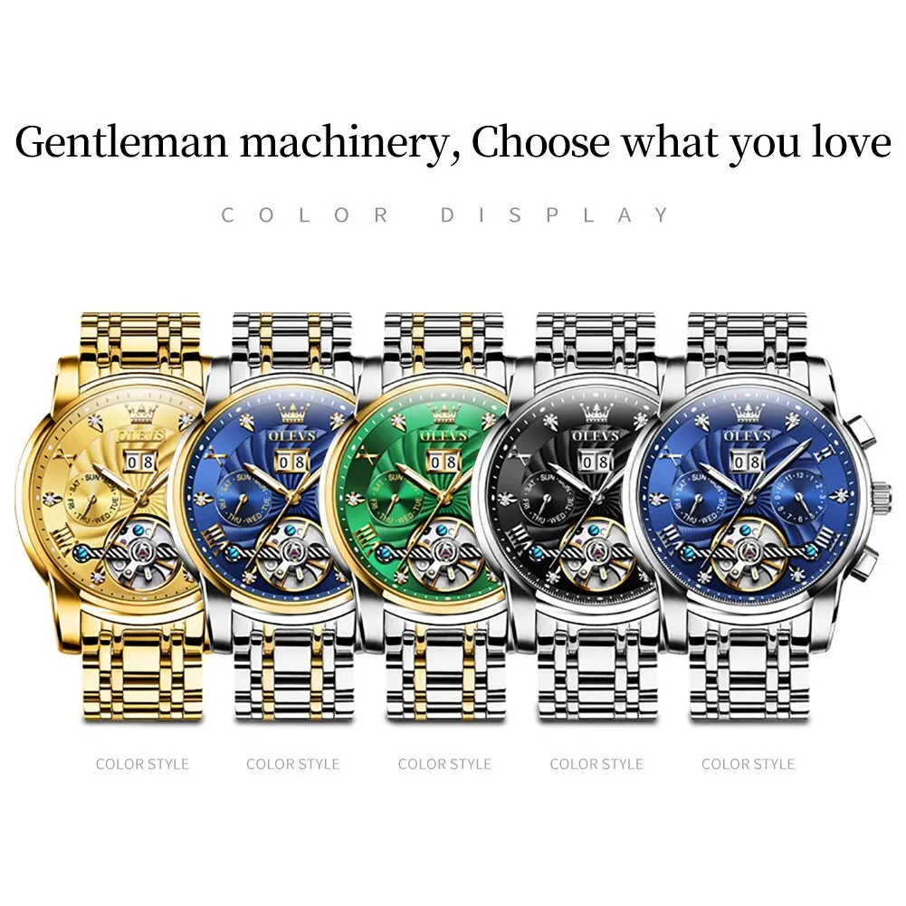 OLEVS Mens Watch Automatic Mechanical Tourbillon Slef-Wind Luxury Stainless Steel Strap Waterproof Luminous Date Wrist Watch