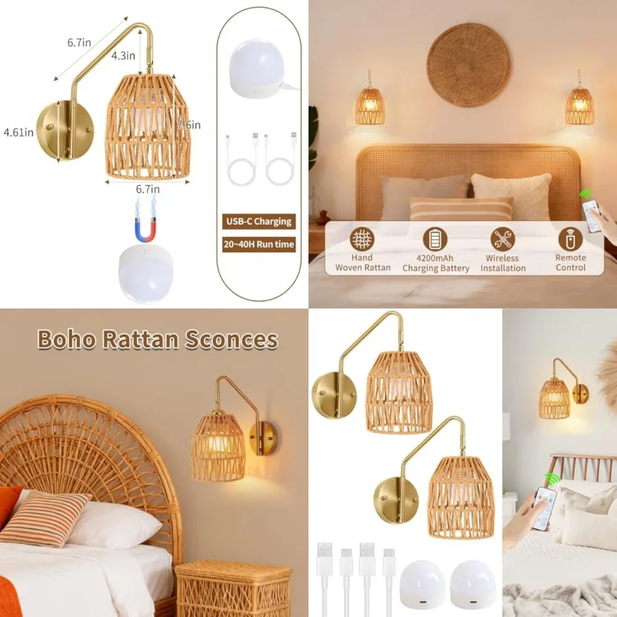 

Rattan Battery Operated Wall Sconce Set of Two, Boho Rechargeable Wall Lights with Remote, 3 Colors Dimmable Wireless Wall Lamp