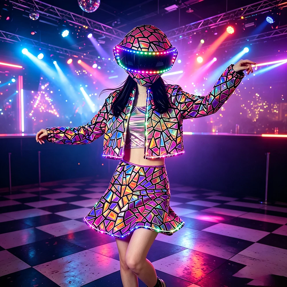

LED Luminous Mirror Costume Set with Helmet Women Colorful Light Up Jacket Skirt for Nightclub Rave Party Stage Performance
