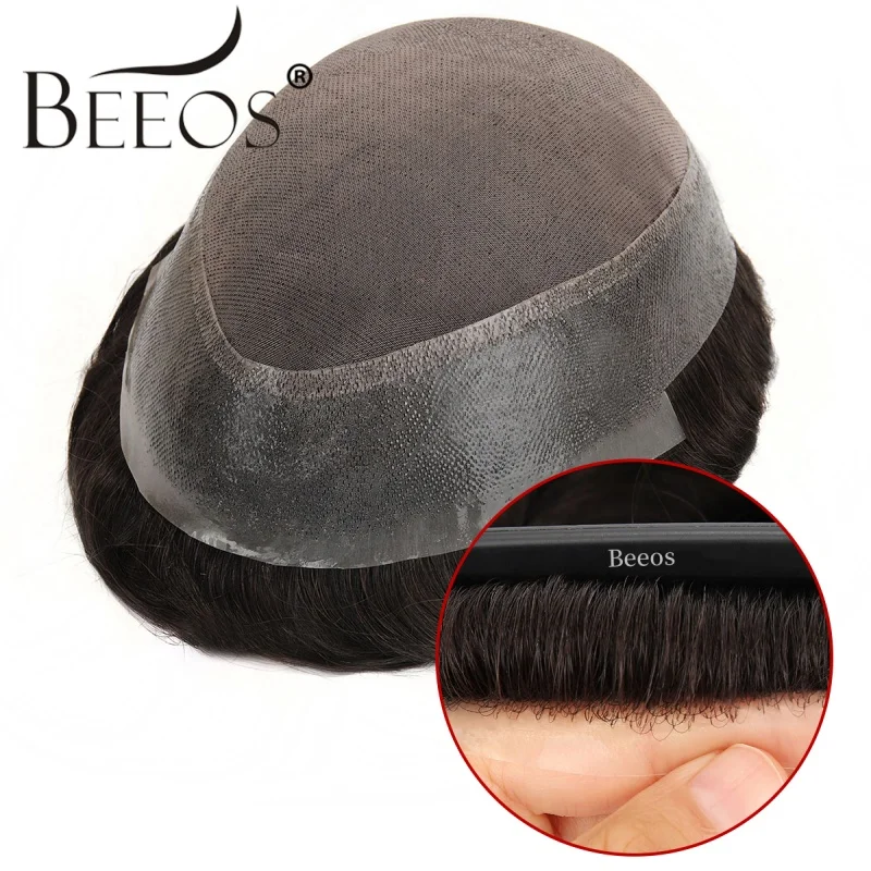 

Beeos Mono Lace with Clear PU Around Perimeter Toupee for Men and Durable Base Indian Human Hair Men's Hair System