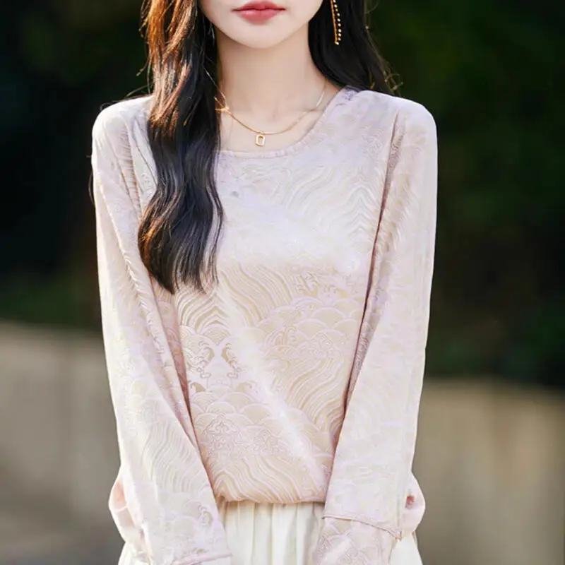 Autumn New Chinese Style Jacquard Top Satin Round Neck Shirt Casual Women Tang Clothes Slim Fit Long Sleeve Elegant Hanfu Tops