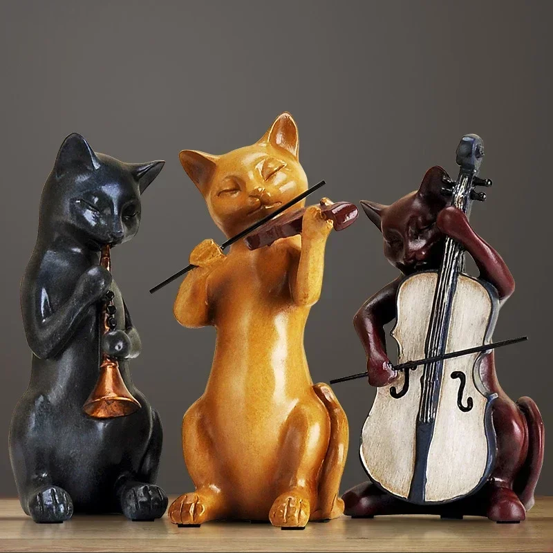 

3 pcs Creative Cute Cat Resin Statue Ornaments American Rural Home Decoration Cat Sculpture Band Artwork Room Decoration Gifts