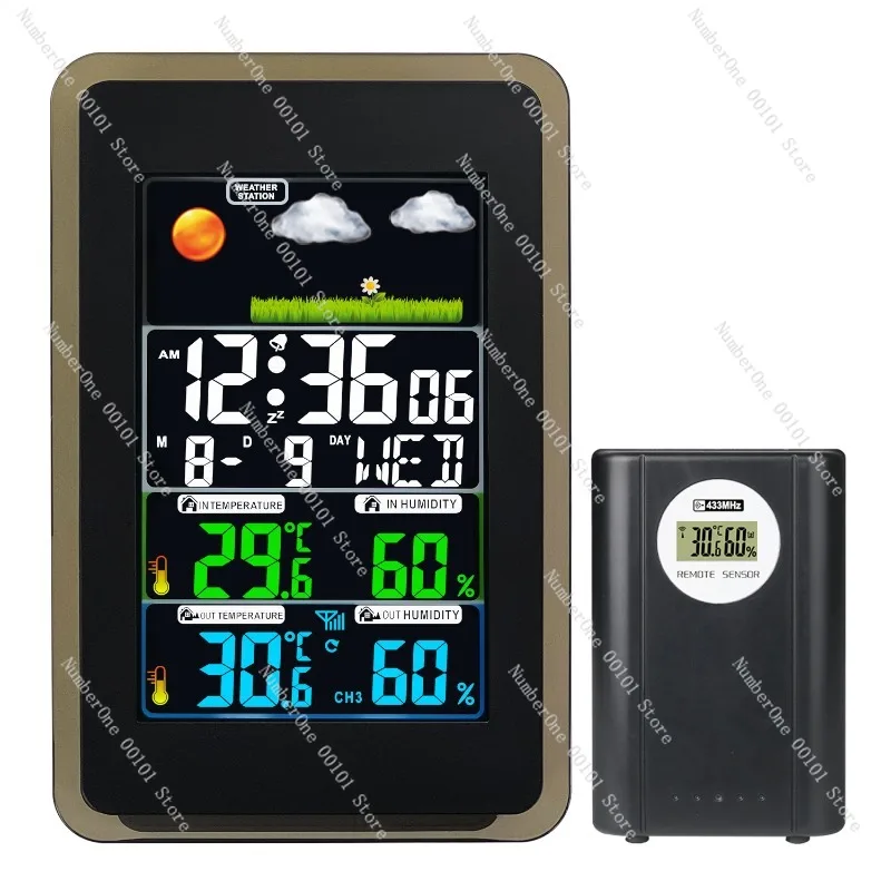 Weather forecast clock, color display indoor and outdoor temperature and humidity weather monitoring alarm clock