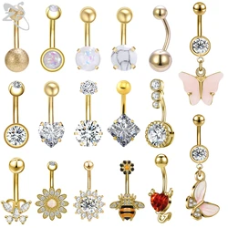 ZS 1 Piece Gold Color Stainless Steel Belly Ring Flower Heart CZ Crystal Navel Belly Button Rings Butterfly Navel Piercings 14G