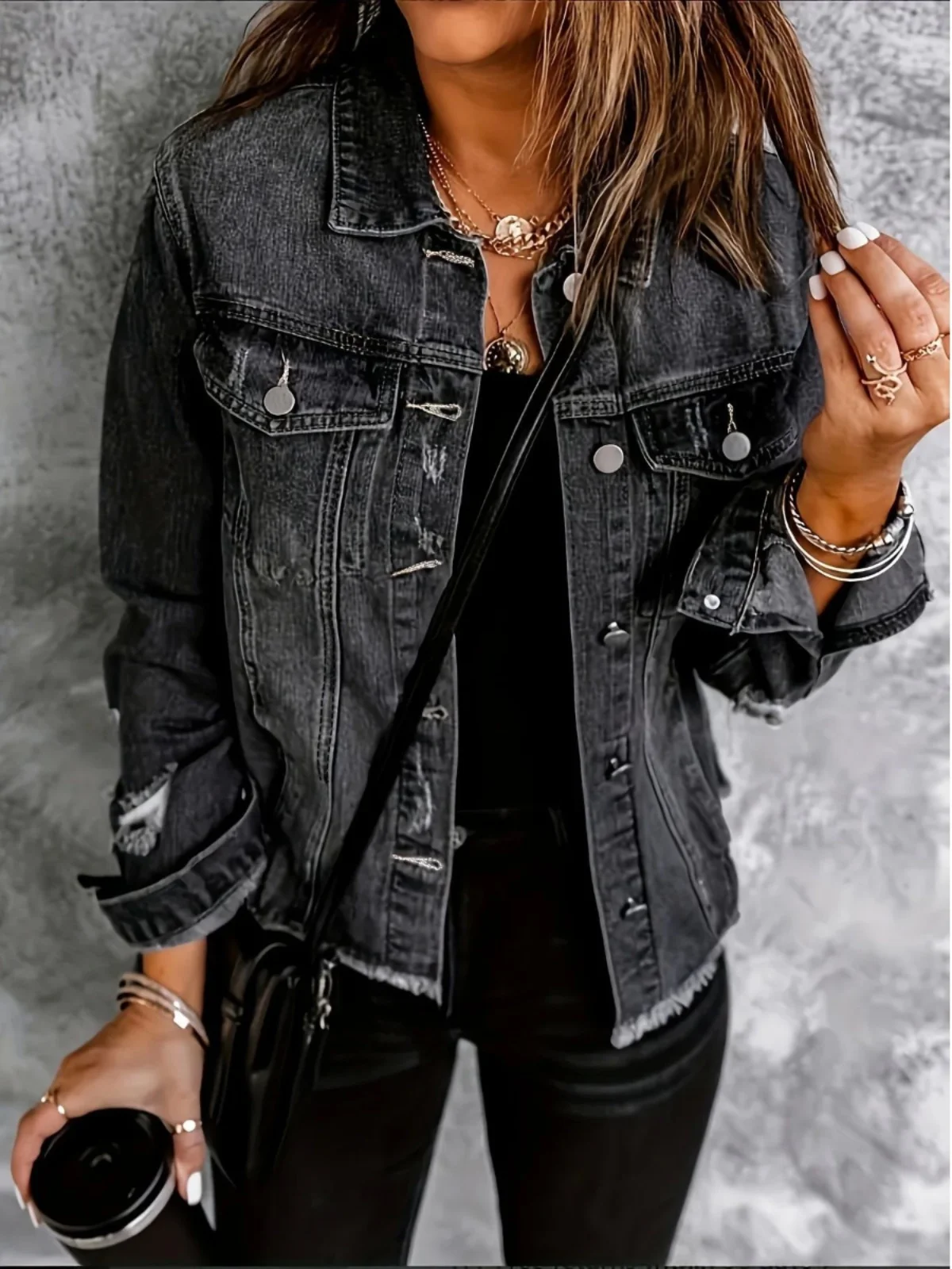 Długi płaszcz jeansowy Tagkita z dziurami, kołnierzykiem i dziurami, luźny krój, zapinany na guziki, odzież wierzchnia damska.