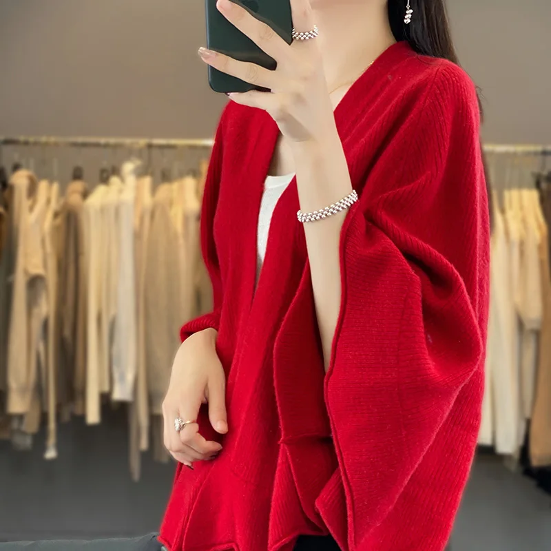 100% wool cardigan shawl loose fitting cape jacket knitted top 2023 autumn/winter women\'s new fashion cardigan