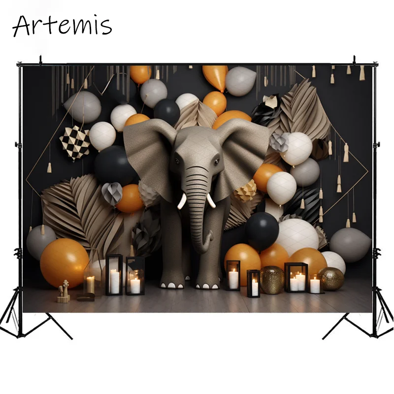 Cake Smash Photography Backdrop Elephant Balloon Dark Black Beige Geometric Decoration Birthday Portrait Background Photo Studio