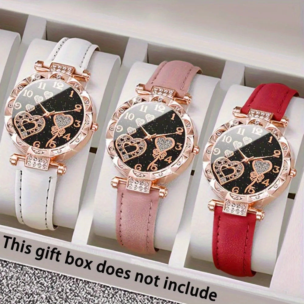 3 Pcs/set Women's Watch Set, PU Leather Strap, Quartz Movement, Starry Sky Dial with Heart Accents, Fashion Watch |Elegant Watch