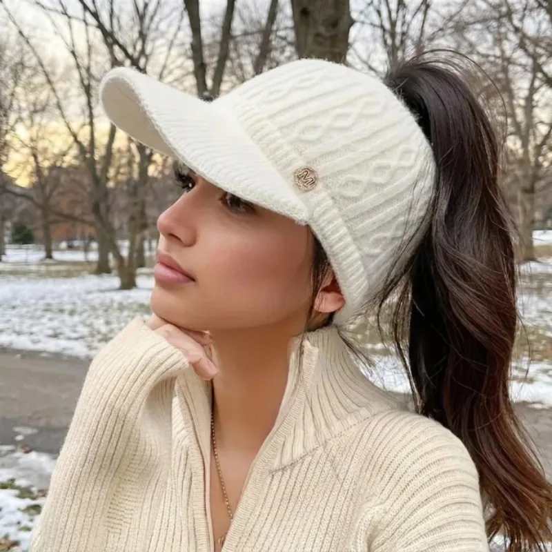 1-8PCS Wool Blend Baseball Cap with Ponytail Hole Winter Knit Beanie for Women Teen Girls Casual Outdoor Travel