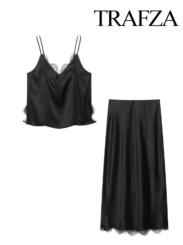 

TRAFZA Summer Women New Fashion Satin Texture Suit V-Neck Backless Short Sleeveless Sling Top+Lace Decoration Black Midi Skirt