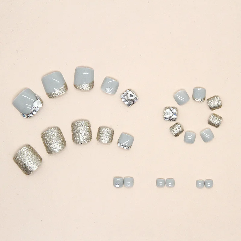 

24Pcs Toe Press on Nails - Gold Glitter with Stacked Rhinestones | Intense Sparkle Effect For Women Girl Toenail