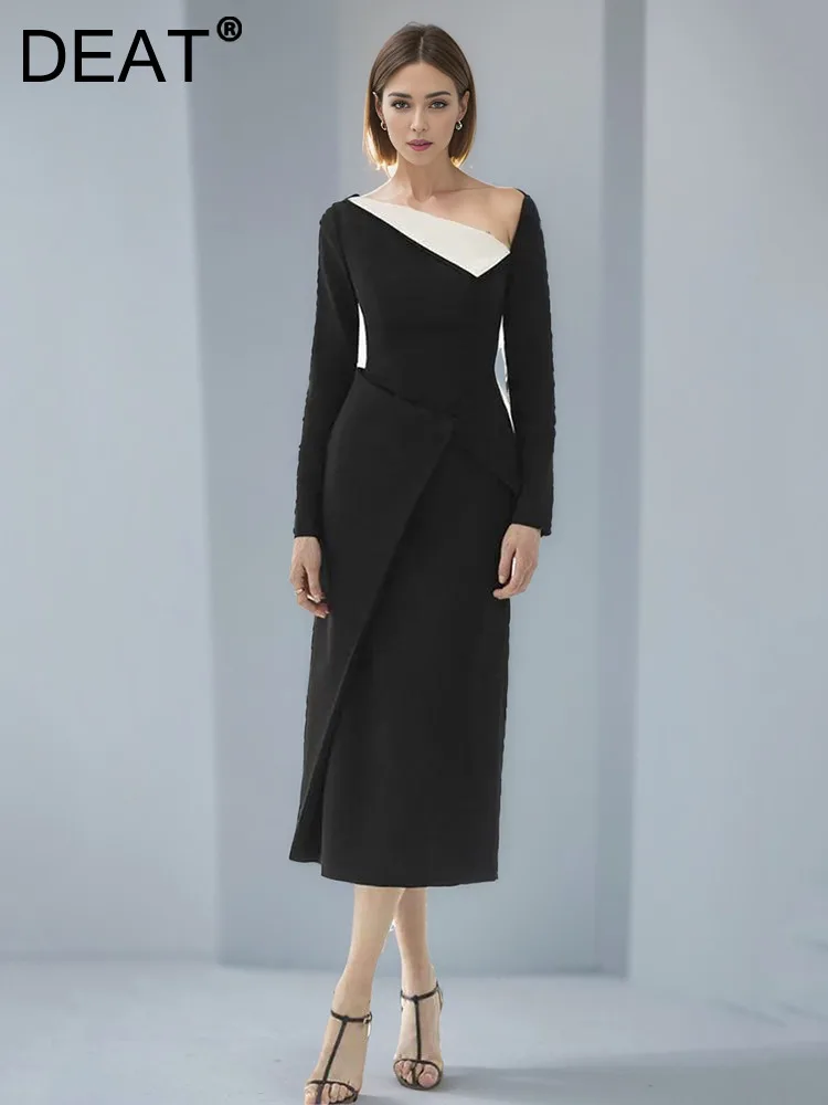 

DEAT Fashion Women's Dress Diagonal Collar Contrast Color Slim Waist Retraction Mid-calf Dresses Spring 2024 New Tide 13DB4554