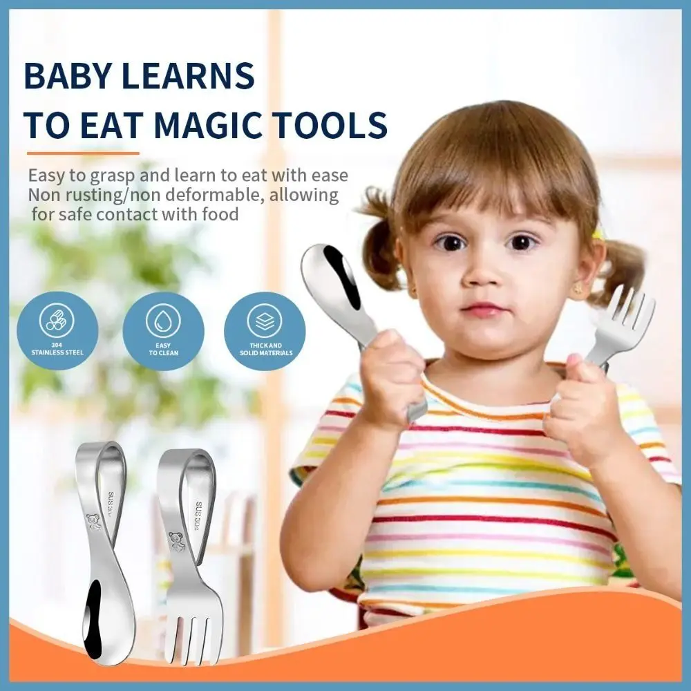 

Stainless Steel Baby Forks and Spoons Set with Storage Box Curved Handle Kids Tableware Set Anti-Choke Design Self Feeding