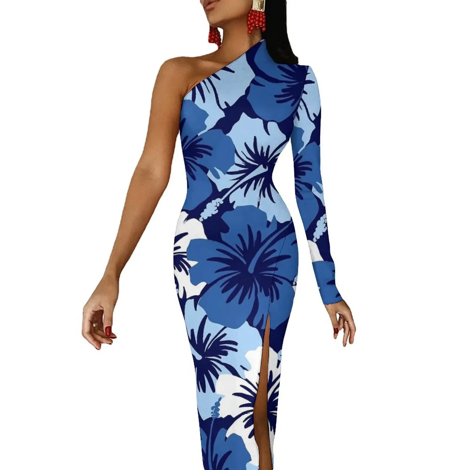 Blue And White Floral Maxi Dress Long Sleeve Hibiscus Hawaiian Party Bodycon Dresses Spring Cute Dress Female Pattern Vestidos