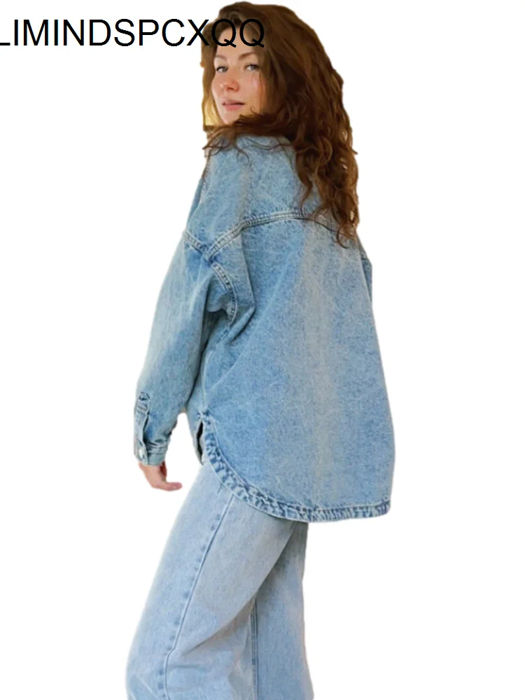 2023 Jean Jacket Female Clothes Loose Denim Coat Spring Women Solid Casual Shirt Jacket Blue Clothing Big Pocket