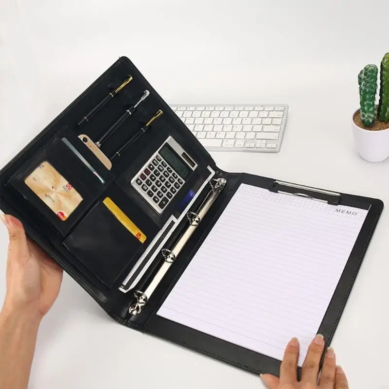 

Leather Clipboard Folder Business Document Case with Clipboard 4 Rings Folder Y3ND