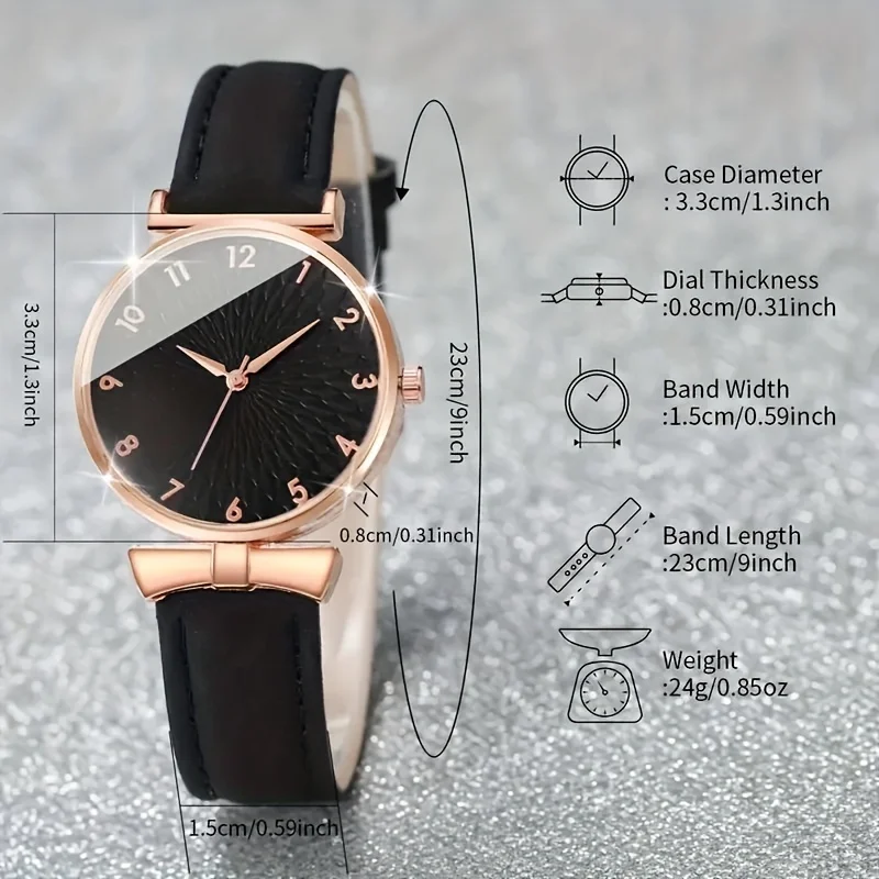 5pcs Black Round Quartz Watches with PU Leather Strap and Fashion Accessories, Valentine's Day Gifts for Her
