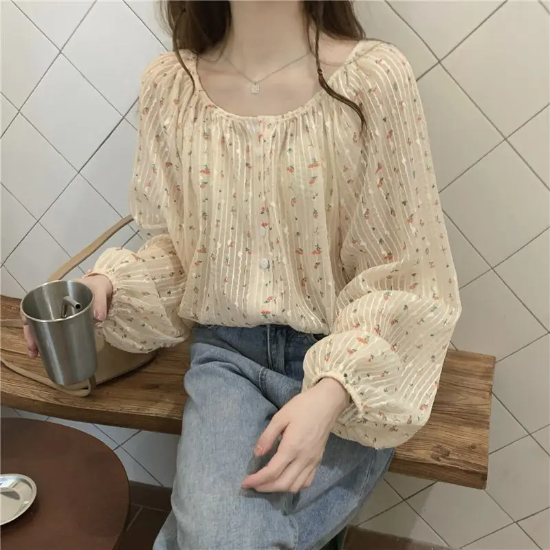 Temperament Floral Loose Blouse Summer New Long Sleeve Button All-match Printing Korean Shirt Tops Fashion Sweet Women Clothing