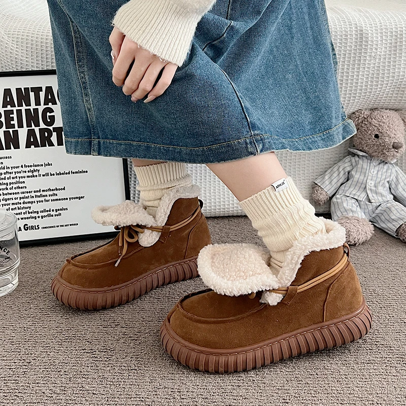 

Женские замшевые зимние ботинки с толстой подошвой, зима 2025 г., ботильоны на массивной платформе со шнуровкой и пушистым мехом, теплая плюшевая женская обувь
