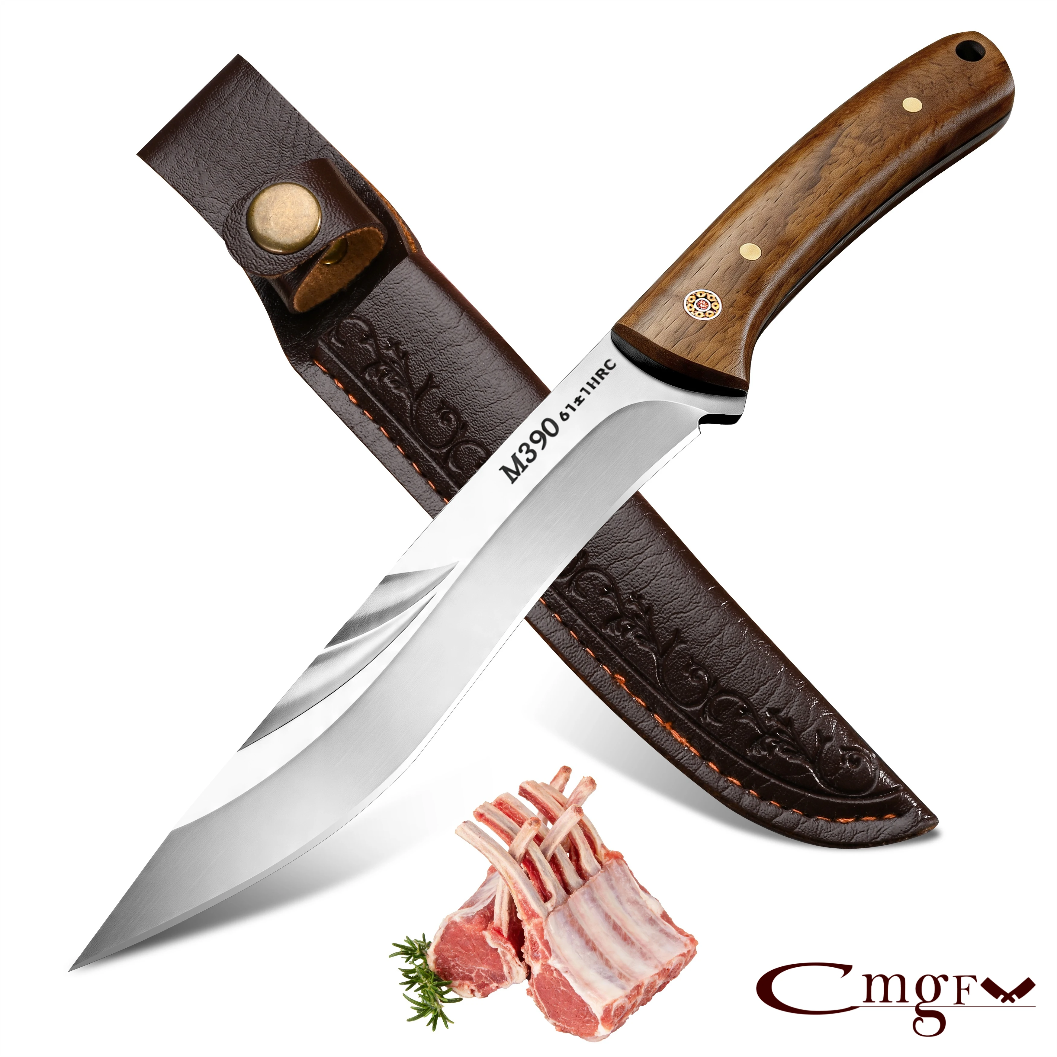Professionelles Kochmesser M390 Edelstahl Küchenmesser Ultrascharf Fleischmesser Feststehende Klinge BBQ-Messer Holzgriff