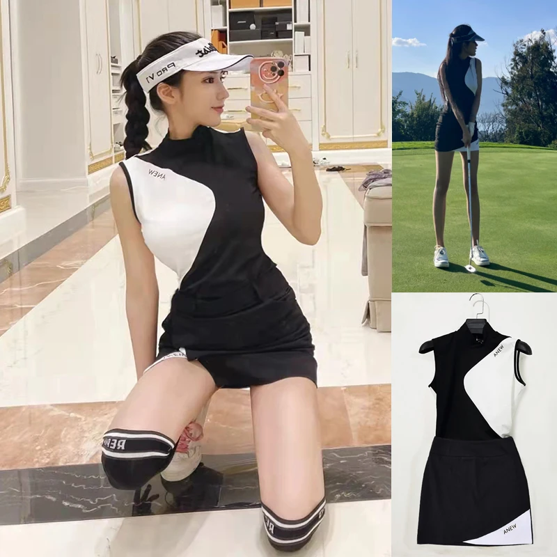 

Women's Golf Apparel Summer Sleeveless Crew Neck Top with Color-Blocked Patchwork Stylish High-End Athletic Stretch Set Dress