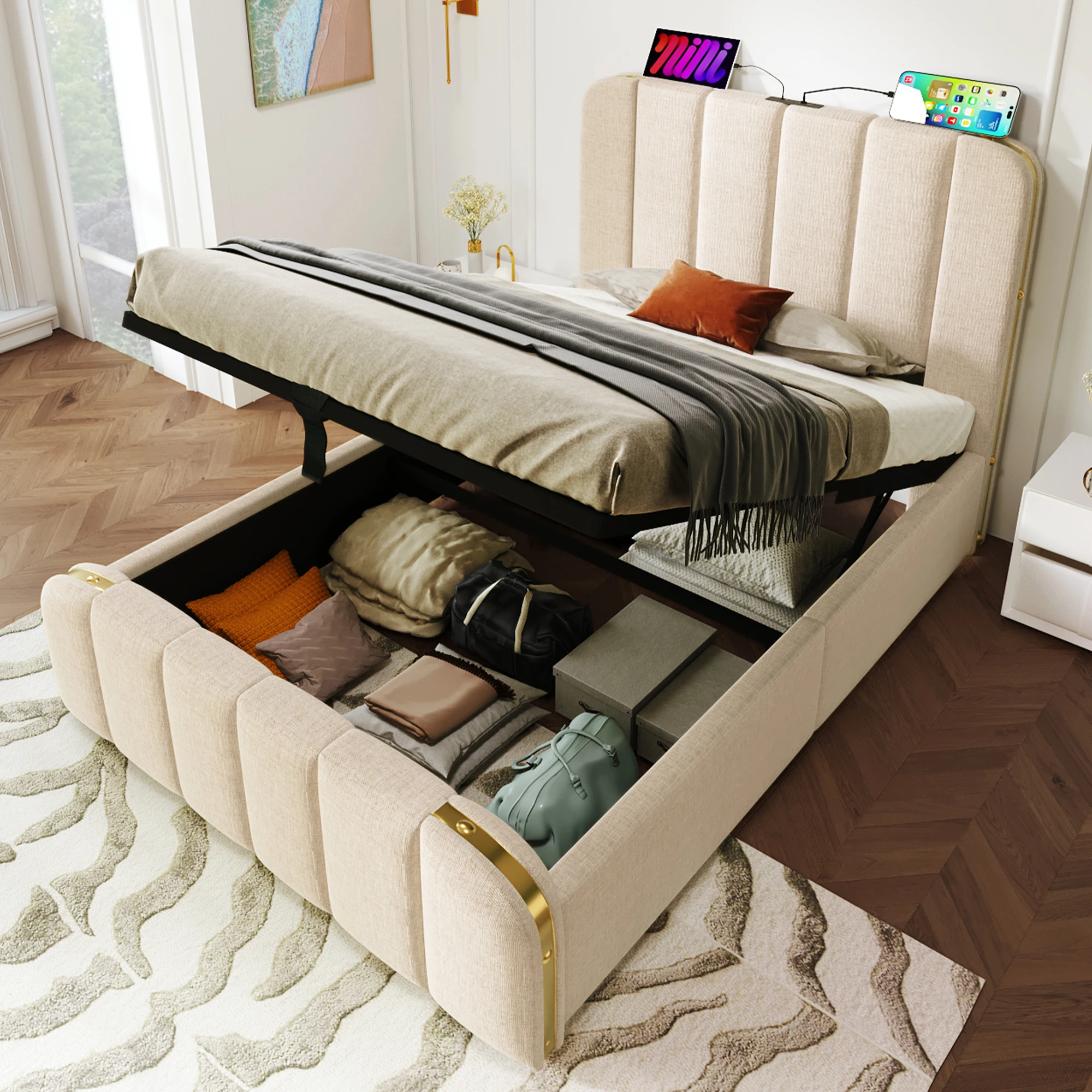 Stauraumbett Einzelbett mit USB, Typ-C und gepolstertem Kopfteil, 90×200 cm, Leinen Beige