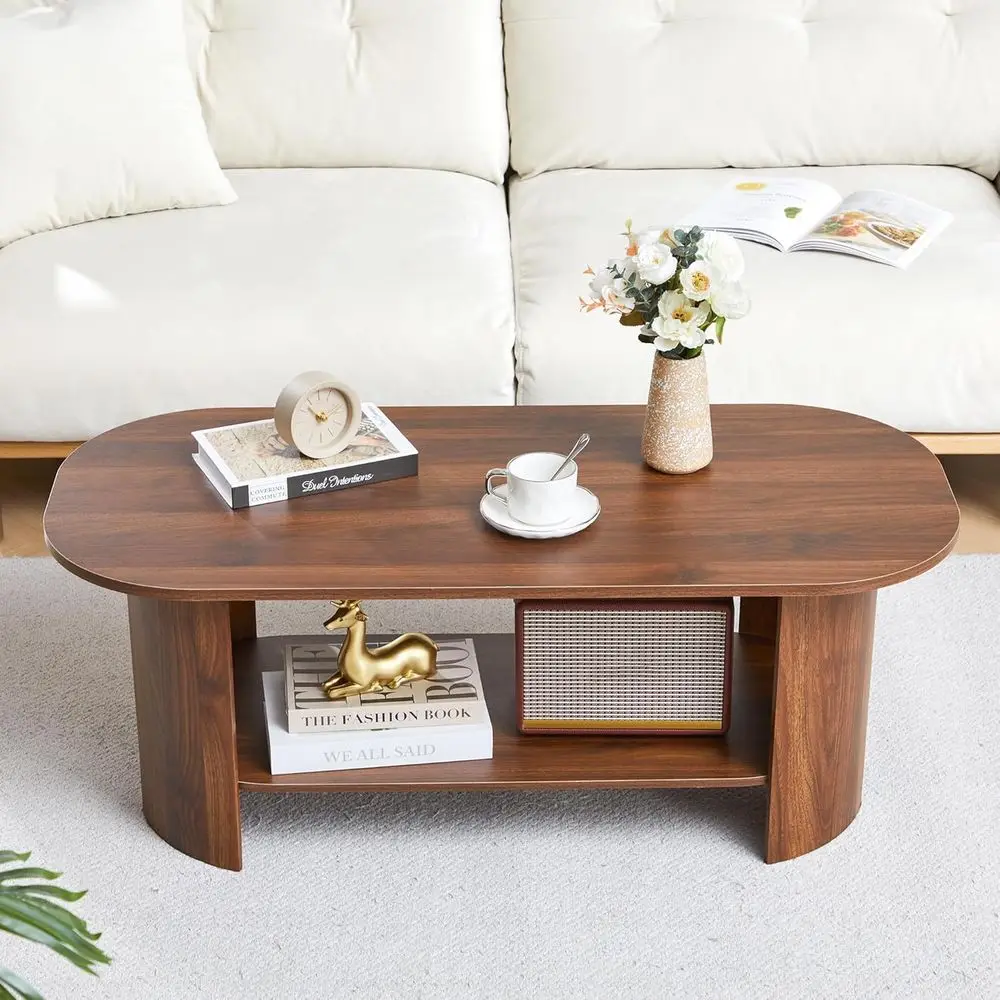 

Farmhouse Style 43.3 Oval Coffee Table with 2-Tier Storage, Walnut Finish for Living Room and Office