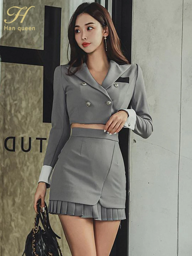 H Han Queen New Autumn Profession Set Women Colorblocked Suit And High Waist Bodycon Pencil Skirts Korean Office Skirt Suit