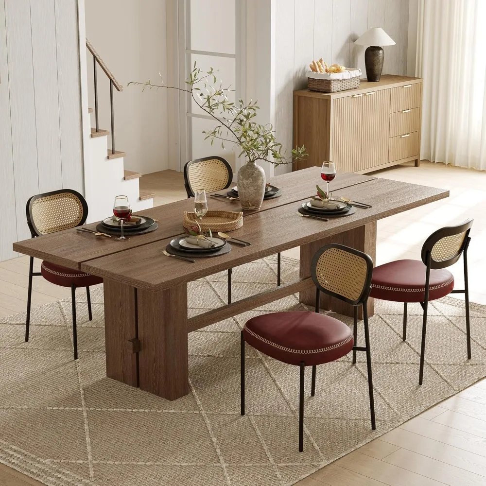 

Rattan Dining Chairs Set of 4, Wine Leather Upholstered Dining Chairs with Rattan Cane Back, Mid Century Modern Dining Room