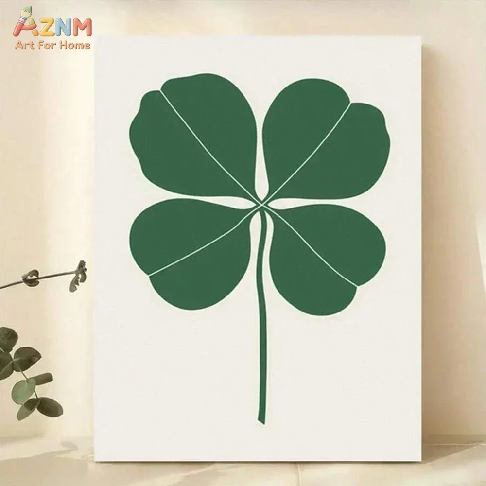 AZNM Four Leaf Clover Canvas Print, Green Shamrock Minimalist Unframed Canvas Painting, Lucky St Patrick Day Wall Art Decor