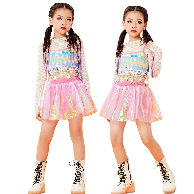 Kids Summer Dance Clothes Sequins Net Top Skirt/Pants Set Girls Hip Hop Modern Jazz Streetwear Stage Performance Costume