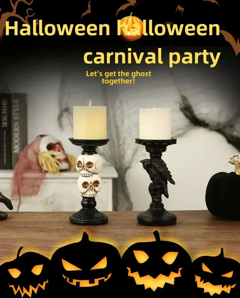 Halloween decorations, scary skeletons, crows, resin candle holders, haunted house party decorations