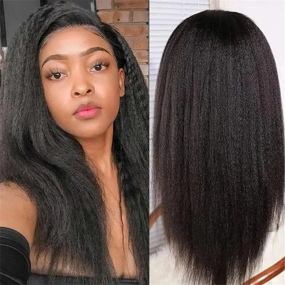 

Soft Long Glueless Yaki Natural Black 30Inch Kinky Straight Lace Front Wig For Women With Baby Hair Synthetic Preplucked Daily