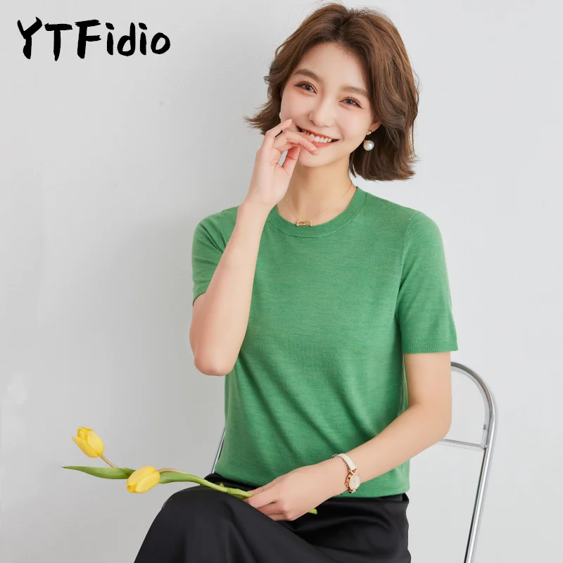 YTFidio Summer New Women Cashmere Wool Tops Office Lady Solid O-neck Warm Soft Official-Website Half Sleeve Sweater 01