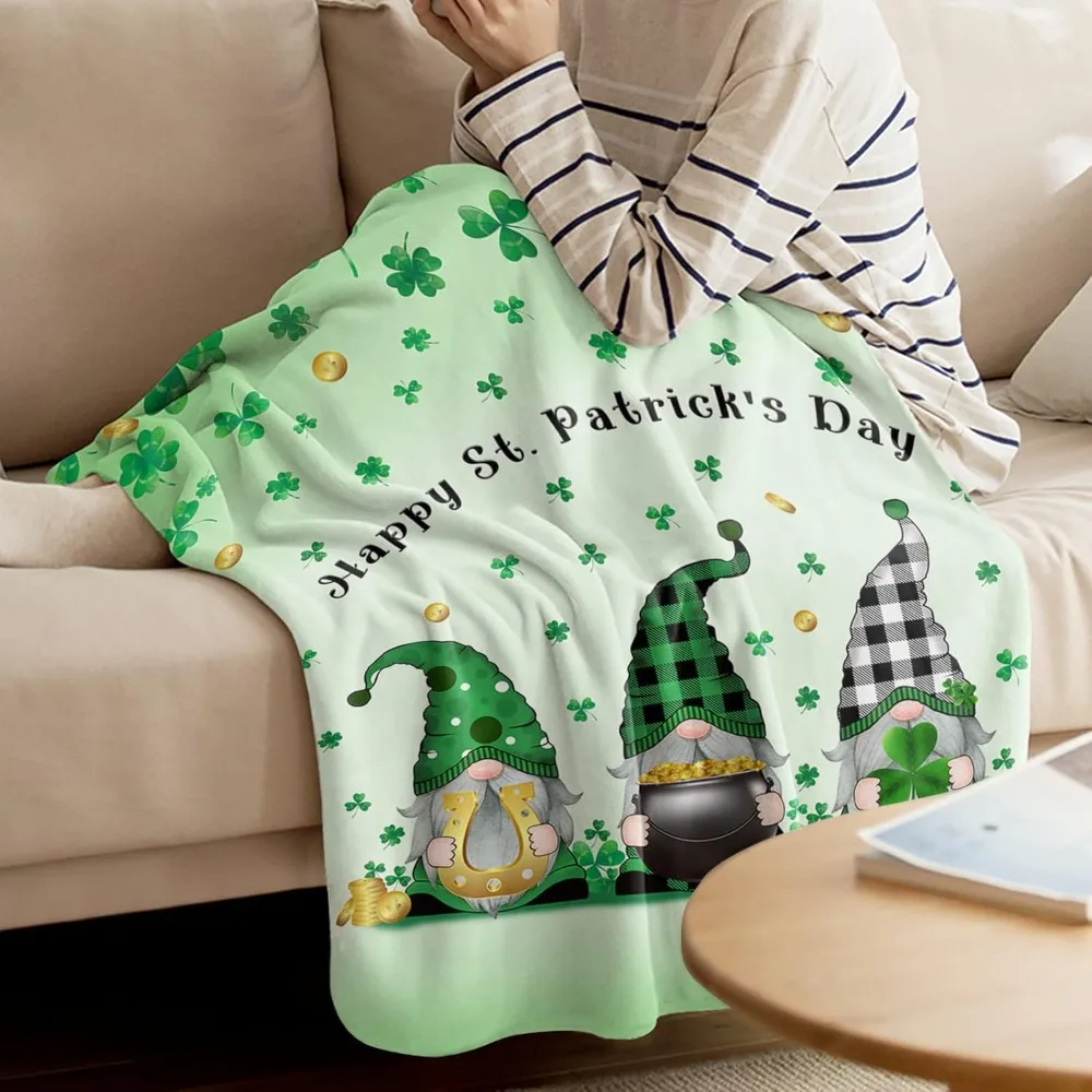 St. Patrick's Day Blanket Spring Holiday Decorations Clover Green Leaf Gold Coin Lightweight Soft Blanket for Couch Bed Sofa