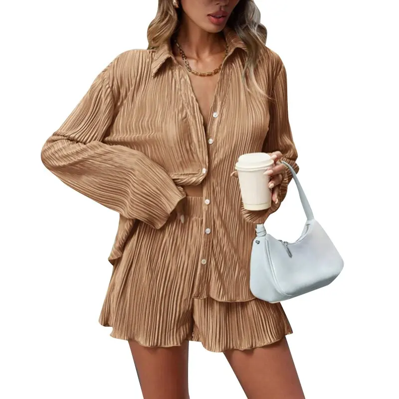 

Women's Casual Loose Shorts Suit 2025 Spring Autumn New Fashion Solid Color Lapel Long Sleeve Shirt/Pleated Shorts Two-piece Set