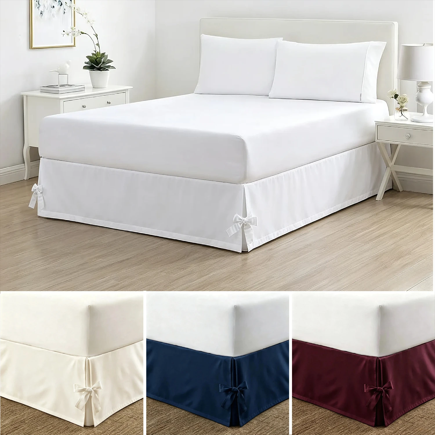 Solid Color Corner Bowknot Tie Design Bedskirt Wrinkle Resistant Fade Proof Universal For Home Hotel Large Size Bed Decor Use