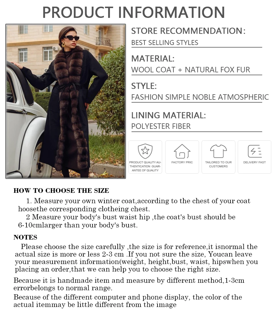 Wool Sheep Fur Coat Women Long Real Fur Coat For Women Elegant 2024 High Quality Warm Cashmere Coats With Fox Fur Collar